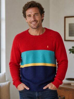 Vintage Polo Ralph Lauren Sweater Preppy 1990s Crewneck Knit Large Red Blue